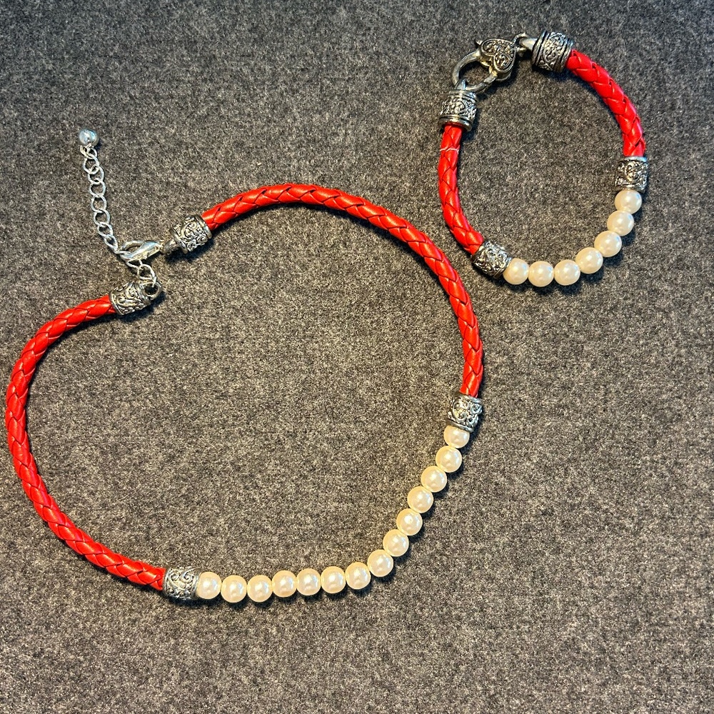Honora red leather and pearl necklace and bracelet set